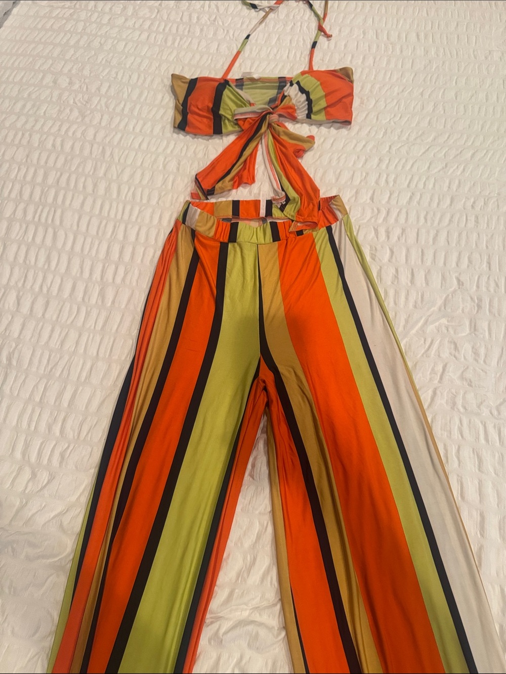 Striped Wide-Leg Women’s 2 piece set - Orange & Green